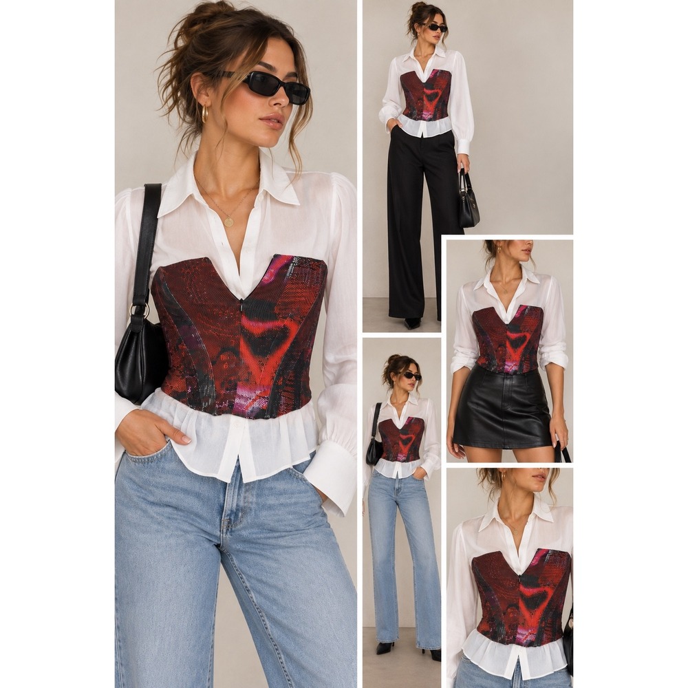NWT White Fox Women Euphoria Corset Bustier XS Mesh Abstract Going Out Red/Black